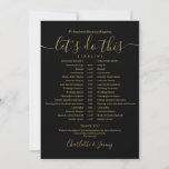 Black And Gold Wedding Schedule Timeline Card<br><div class="desc">This stylish black and gold wedding schedule timeline can be personalized with your wedding details in chic lettering. Designed by Thisisnotme©</div>