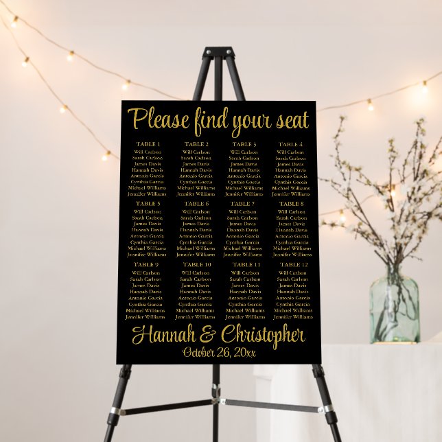 Black and Gold Wedding Seating Chart Modern Plan Foam Board (In Situ (Stand))