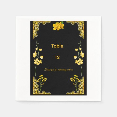 Black and Gold Wedding Table Number Napkins