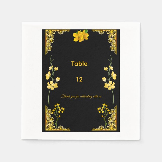 Black and Gold Wedding Table Number Napkins (Front)