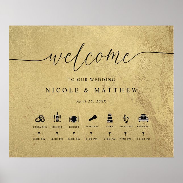 Black and Gold Wedding Welcome Sign with Timeline (Front)