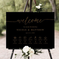 Black and Gold Wedding Welcome Sign with Timeline