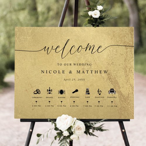 Black and Gold Wedding Welcome Sign with Timeline