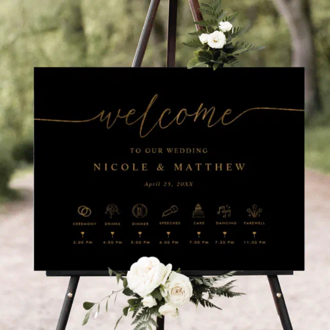 Black and Gold Wedding Welcome Sign with Timeline | Zazzle
