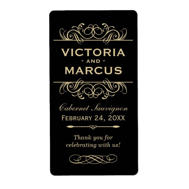 Black and Gold Wedding Wine Bottle Monogram Favor Label (Front)