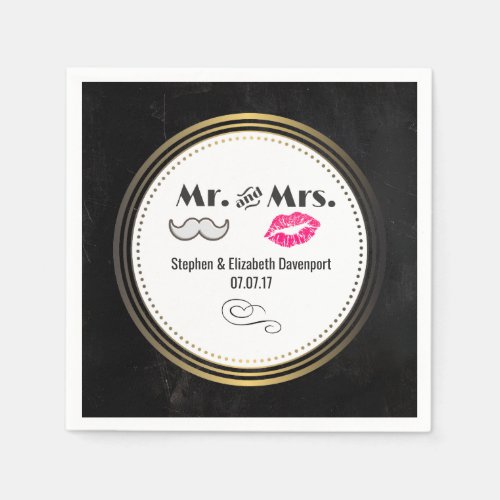 Black and Gold Wedding with Moustache and Lips Paper Napkins