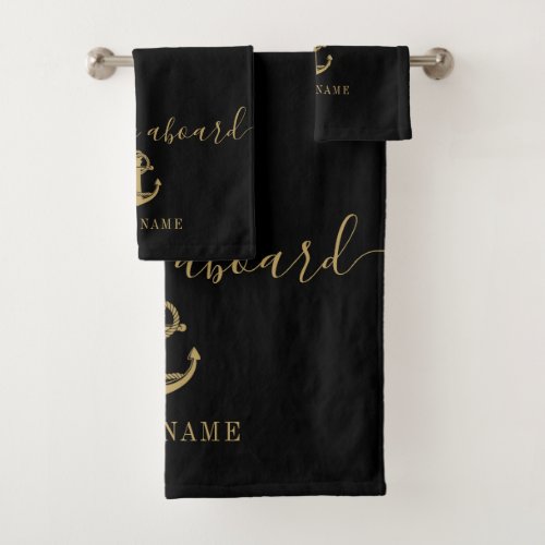 Black And Gold Welcome Aboard Anchor Boat Name Bath Towel Set
