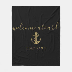 Black And Gold Welcome Aboard Anchor Boat Name Fleece Blanket