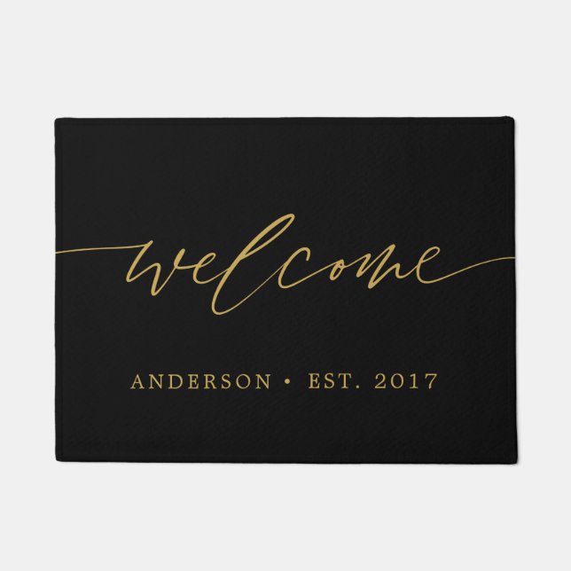Black and Gold Welcome Calligraphy Family Doormat (Front)