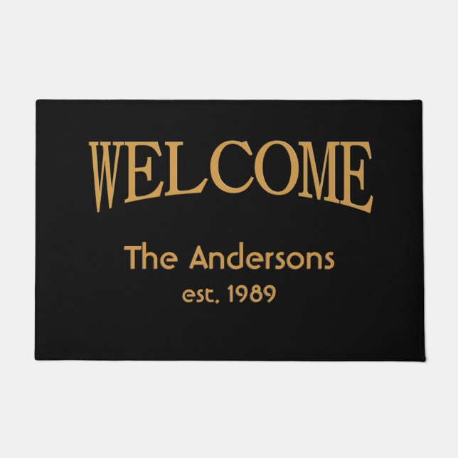 Black and Gold Welcome Name Year Established Doormat (Front)