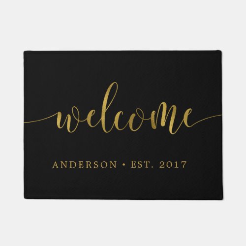 Black and Gold Welcome Script Personalized Doormat
