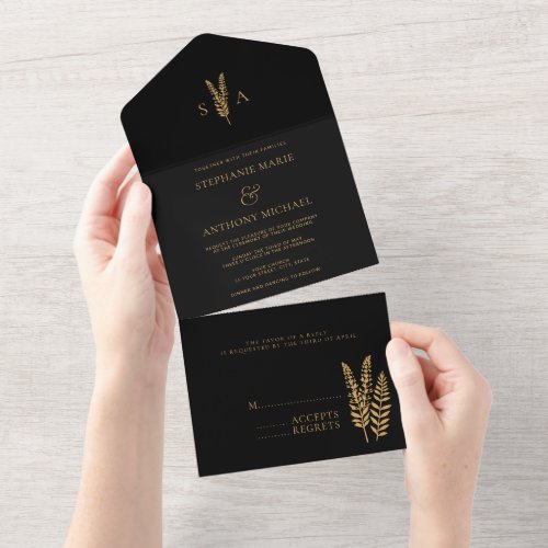 Black and Gold Wild Flowers Minimal Wedding  All In One Invitation