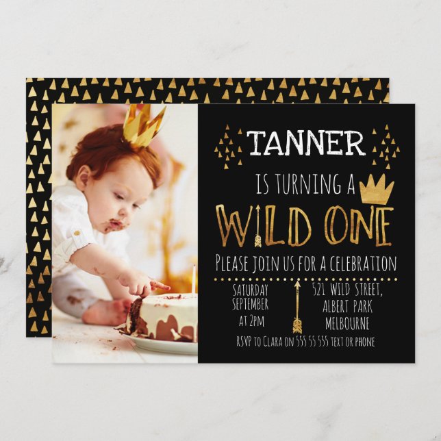 Black And Gold Wild Photo 1st Birthday Invitation (Front/Back)