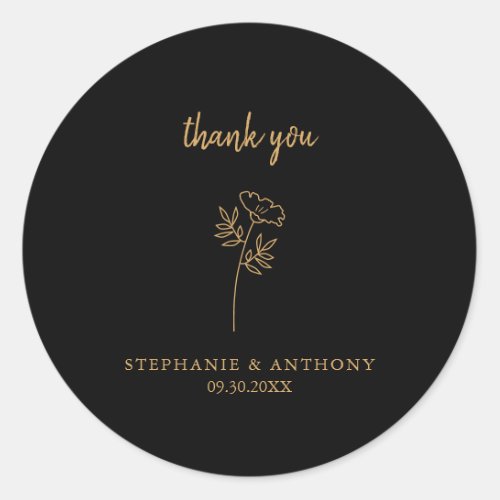 Black and Gold Wildflower Wedding Thank You  Classic Round Sticker