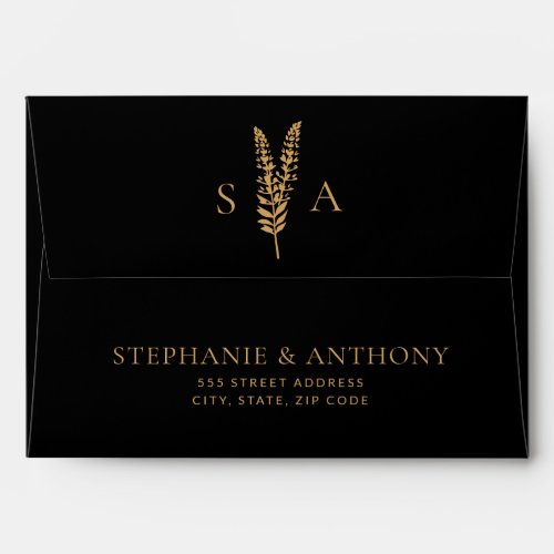 Black and Gold WildFlowers Minimal Wedding  Envelope