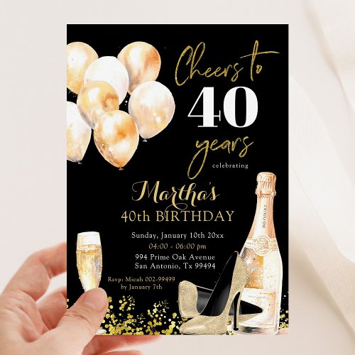 Black and Gold Wine Cheers Woman Adult Birthday Invitation