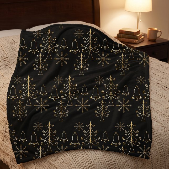 Black and Gold Wire Frame Holiday Tree Pattern Sherpa Blanket (Creator Uploaded)