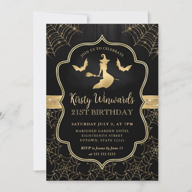 Black and Gold Witch and Bats Damask 21st Birthday Invitation (Front)