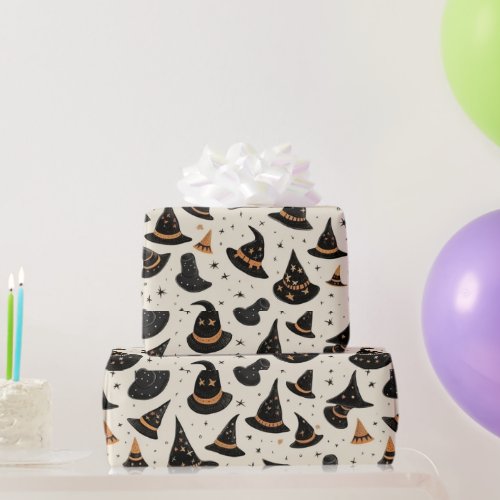 Black and Gold Witchs Hats Stars Cream Halloween Wrapping Paper