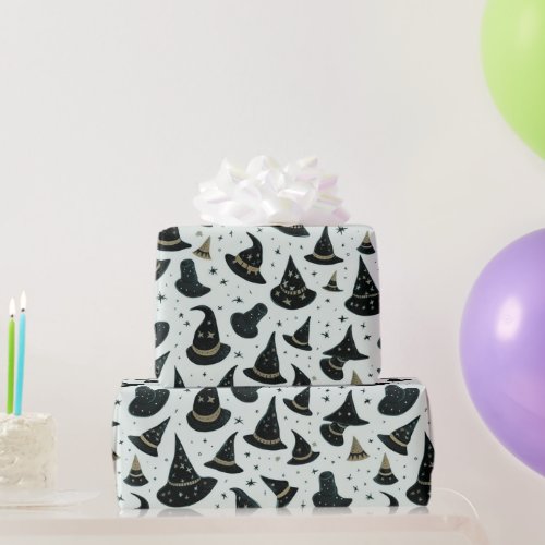 Black and Gold Witchs Hats Stars Green Halloween Wrapping Paper
