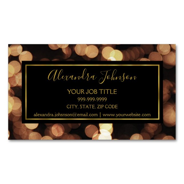 Black and Gold with Bokeh Lights Modern Business Card Magnet (Front)