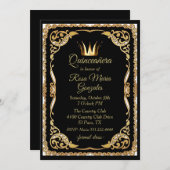 Black and Gold with Crown Quinceanera Invitation (Front/Back)