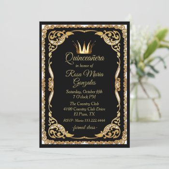 Black And Gold With Crown Quinceanera Invitation by DizzyDebbie at Zazzle