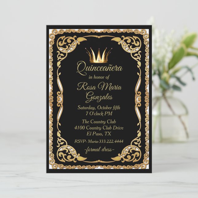 Black and Gold with Crown Quinceanera Invitation (Standing Front)
