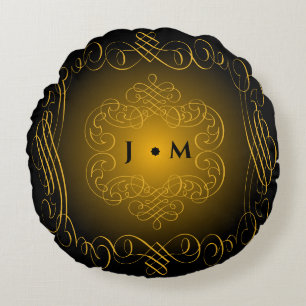 Black and Gold with Decorative Elements Round Pillow