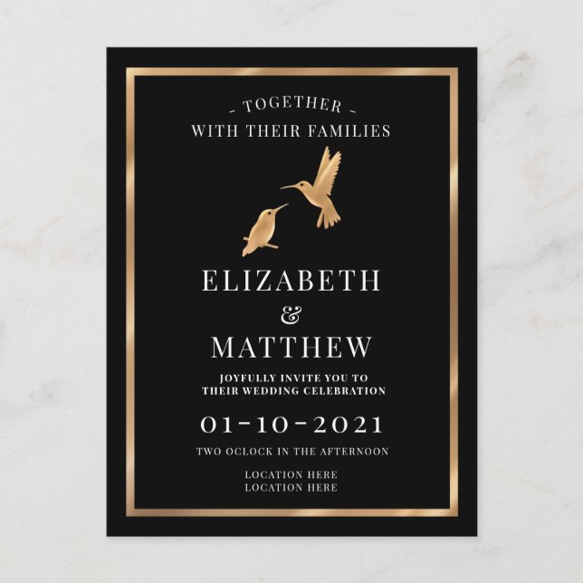 Black and Gold with Humming Birds Wedding Invitation Postcard (Front)