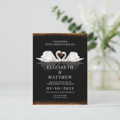 Black and Gold with Painted Swans Wedding Invitation Postcard
