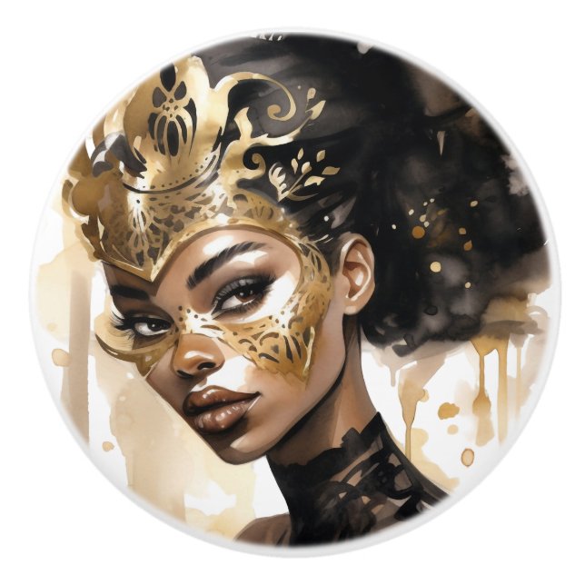 Black and Gold Woman Ceramic Knobs (Front)