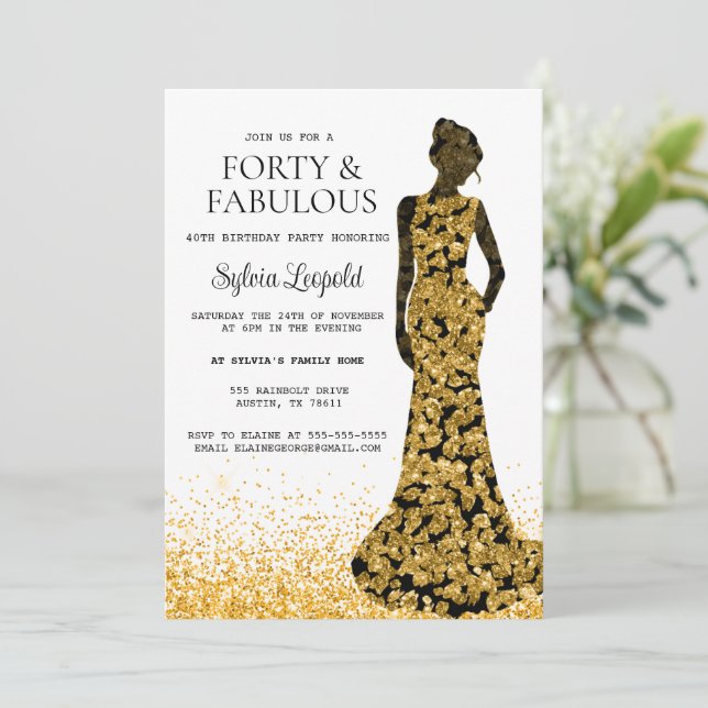 Black and Gold Woman in Dress 40th Birthday Invitation (Standing Front)