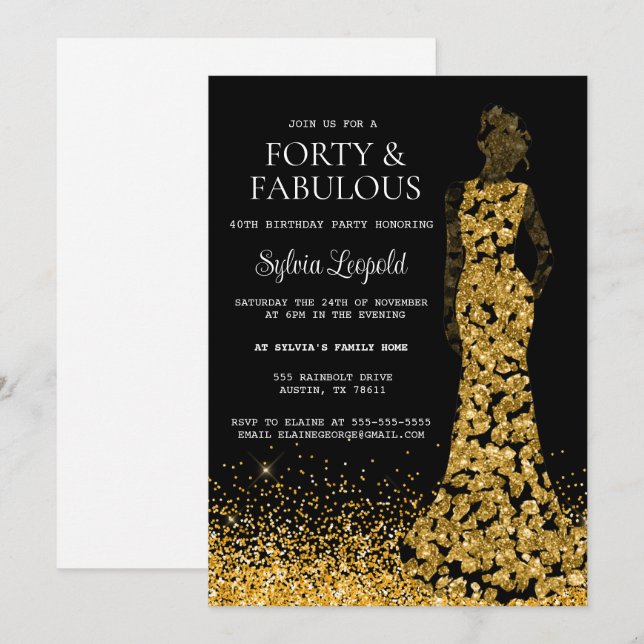 Black and Gold Woman in Dress 40th Birthday Invitation | Zazzle