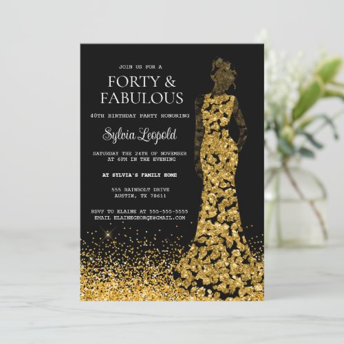 Black and Gold Woman in Dress 40th Birthday Invitation