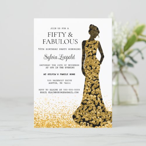 Black and Gold Woman in Dress 50th Birthday Invitation