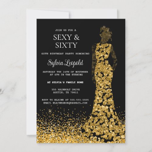 Black and Gold Woman in Dress 60th Birthday Invitation