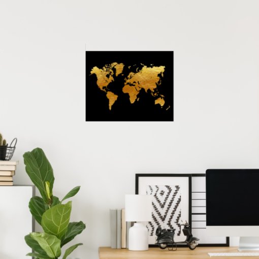 Black And Gold World Map Poster Zazzle