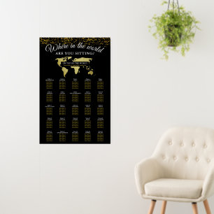Black and Gold World Map Seating Chart 25 Tables Foam Board