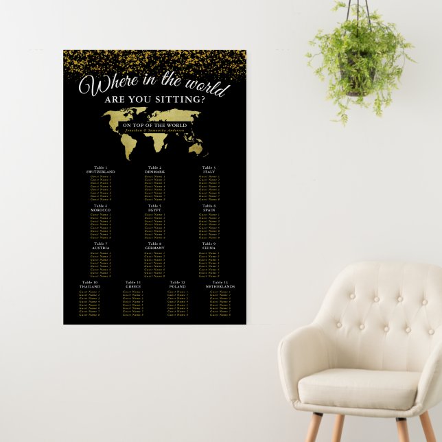 Black and Gold World Map Seating Chart Faux Canvas Foam Board (In Situ (Wall))