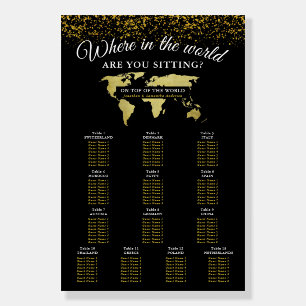 Black and Gold World Map Seating Chart Faux Canvas Foam Board
