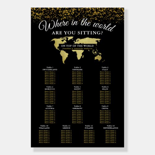 Black and Gold World Map Seating Chart Faux Canvas Foam Board