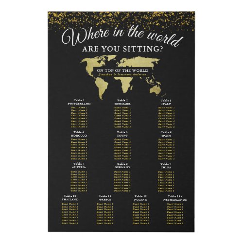 Black and Gold World Map Seating Chart Faux Canvas Print