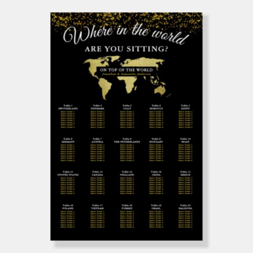 Black and Gold World Map Seating Chart Foam Board