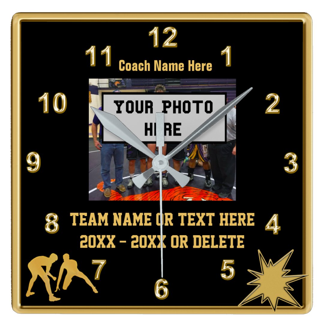 Black and Gold Wrestling Clocks Your Photo, Text Zazzle