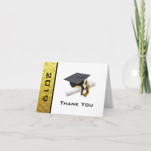 Black and Gold Yellow Graduation Cap and Tassel Letterpress Thank You Card