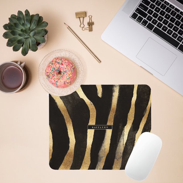 Black and Gold Zebra Print | Monogram Mouse Pad (Creator Uploaded)