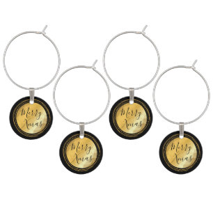 Black and golde metallic merry Christmas chic Wine Charm