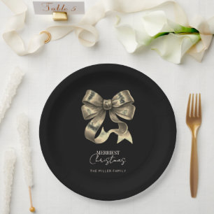 Black and Golden Bow Minimalist Christmas Paper Plates
