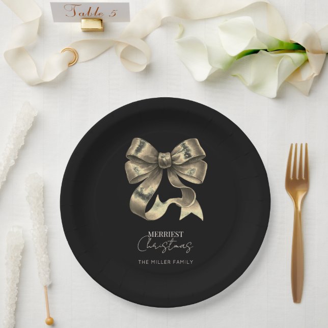 Black and Golden Bow Minimalist Christmas  Paper Plates (Wedding)